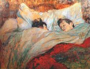 A painting of two people under a blanket